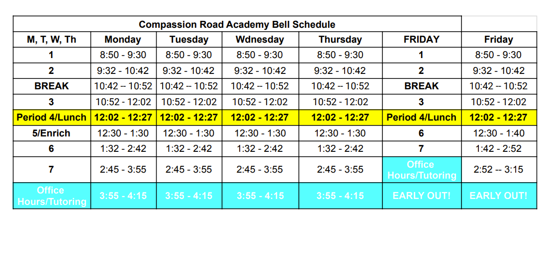 Compassion Road Academy » 2324 Bell Schedule